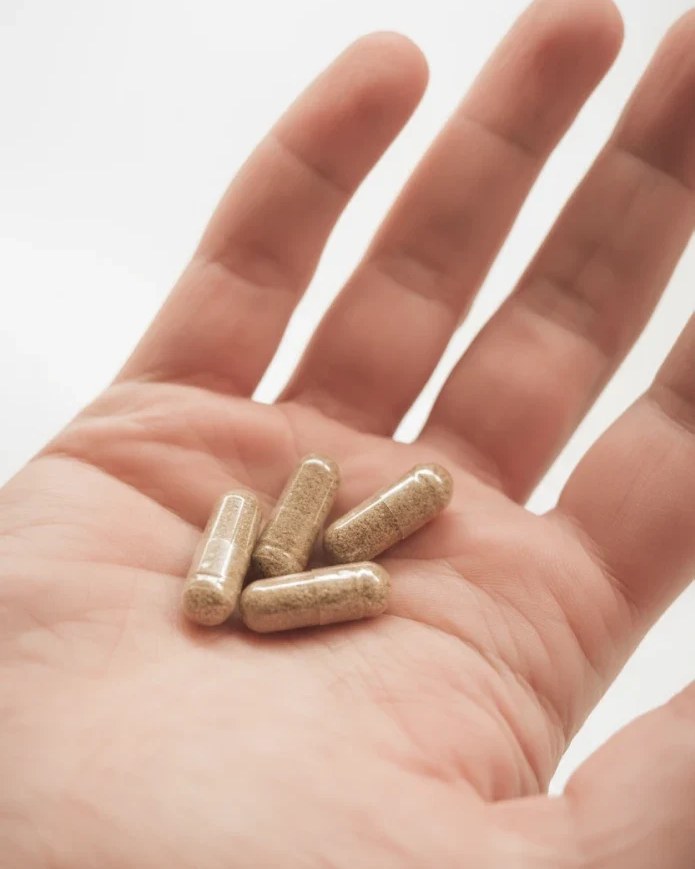 Organic chicken liver capsules in an open hand
