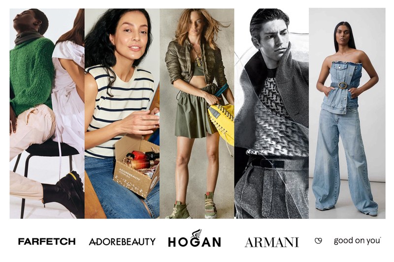 Campaign imagery from Farfetch, Adore Beauty, Hogan, Armani and Good On You, with each brand's logo