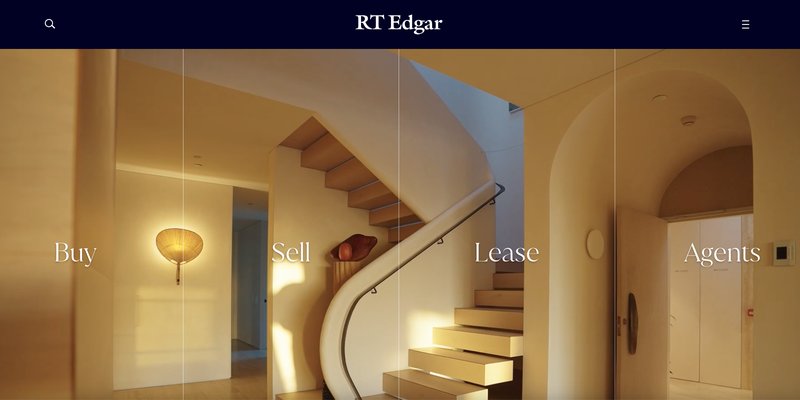 The RT Edgar website home page on desktop: Buy, Sell, Lease and Agents over a sunlit staircase