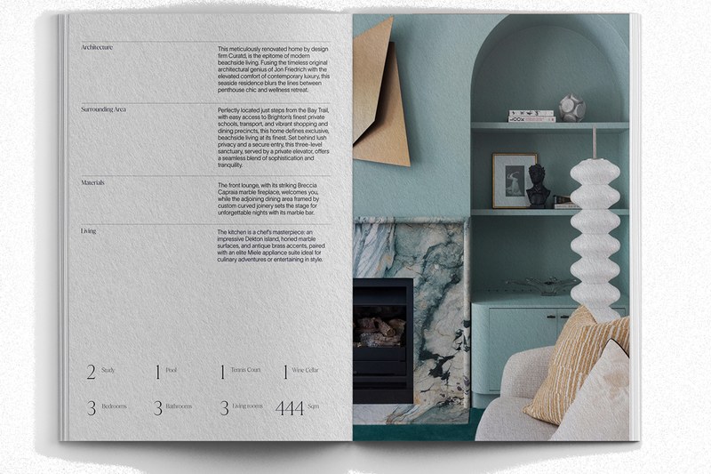 Brochure spread with property details and a living room