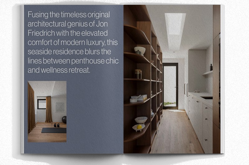 Brochure spread with a feature statement and interior photography